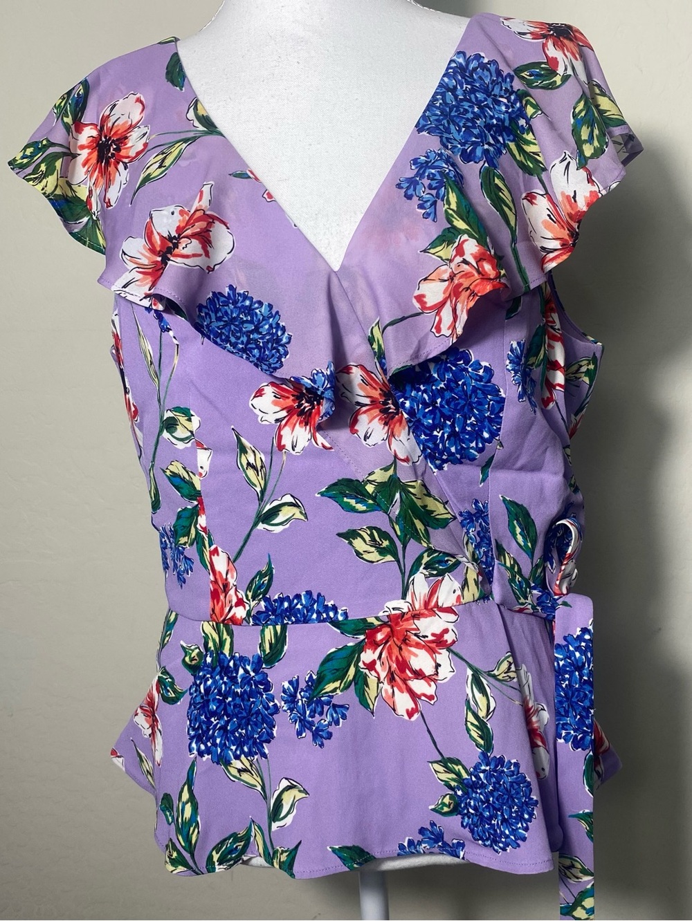 Parker Lilac Floral Wrap Peplum Top with Blue & Red Blooms Size L